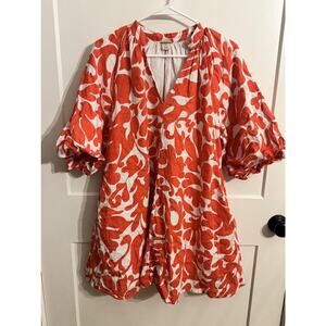 Magaschoni Dress Womens Medium Orange Floral Linen Puff Sleeve Swing Boho